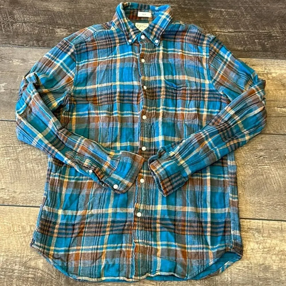 J. Crew Men's Slim Teal Brown Plaid Button Down Shirt Size M